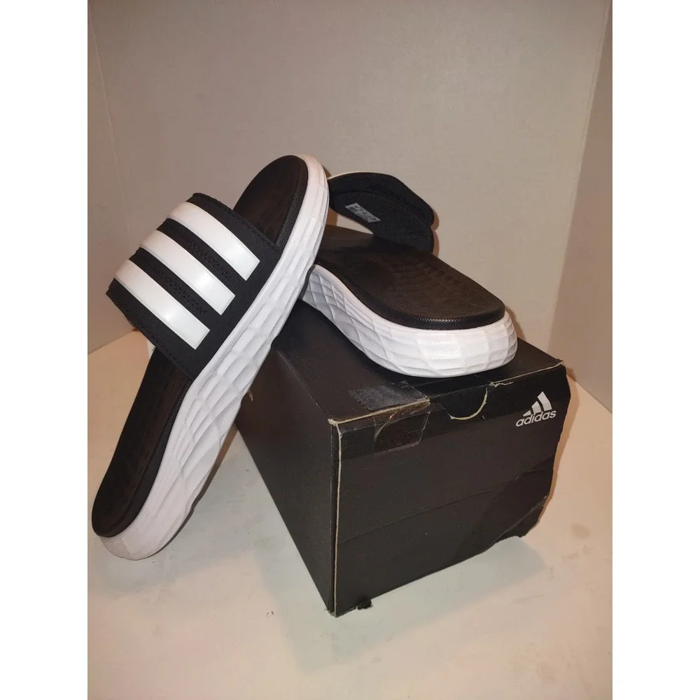 Adidas Duramo SL Slide Sandals Black White Mens Size 7 NEW NIB Athletic FY8786